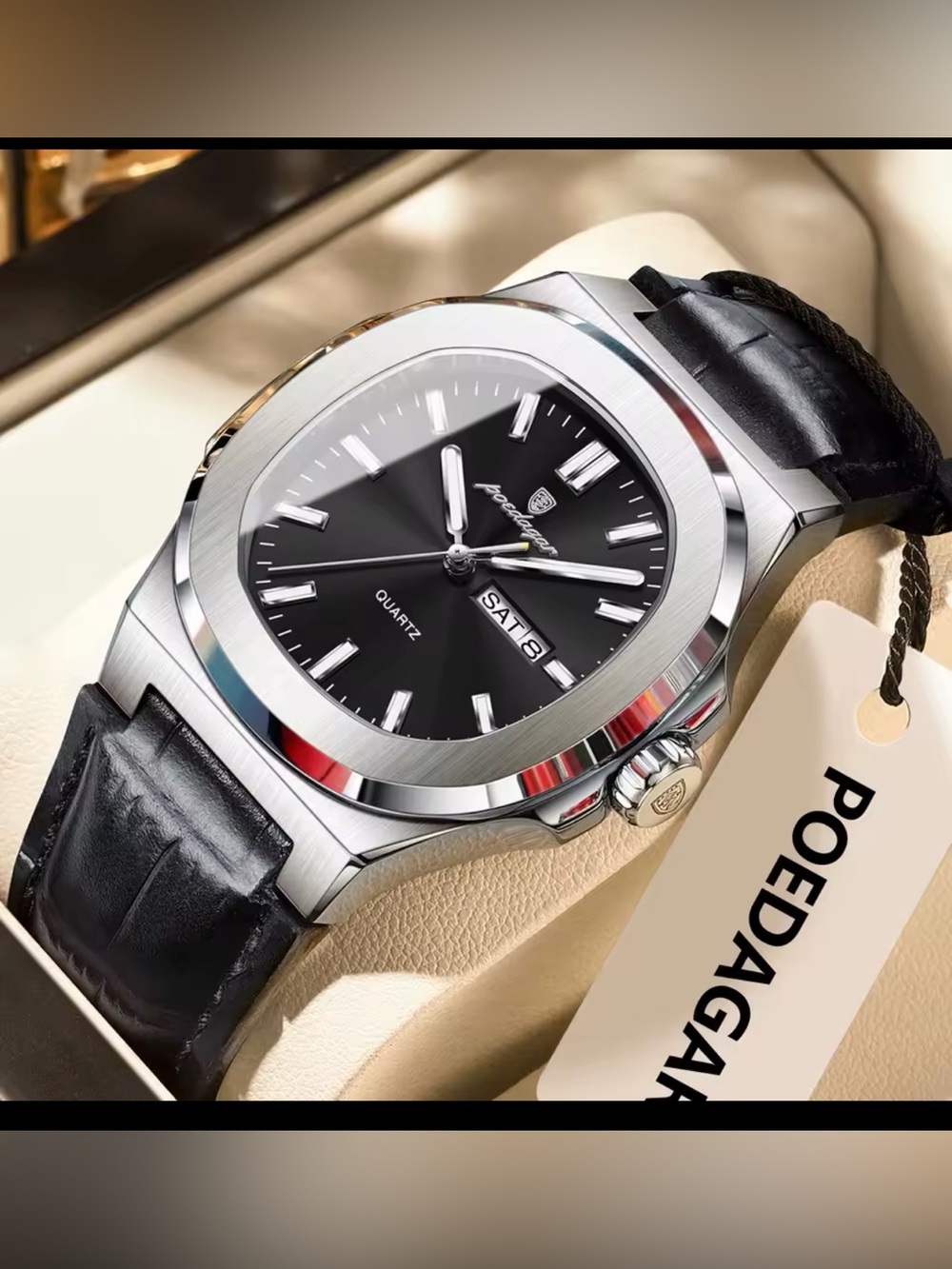 Poedagar Black Dial Men's Quartz Watch with Black Leather Strap